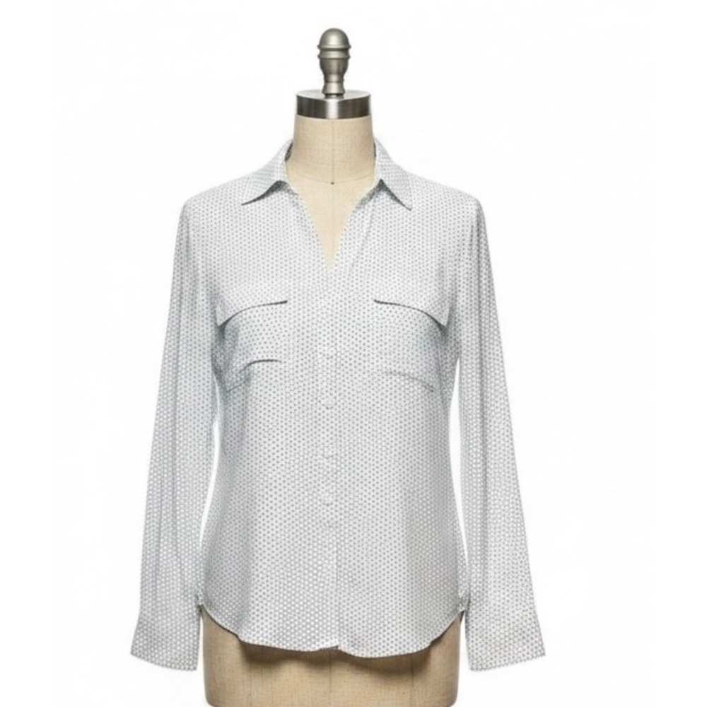 New York and Company Polka‎ Dot Button Down Shirt White Large